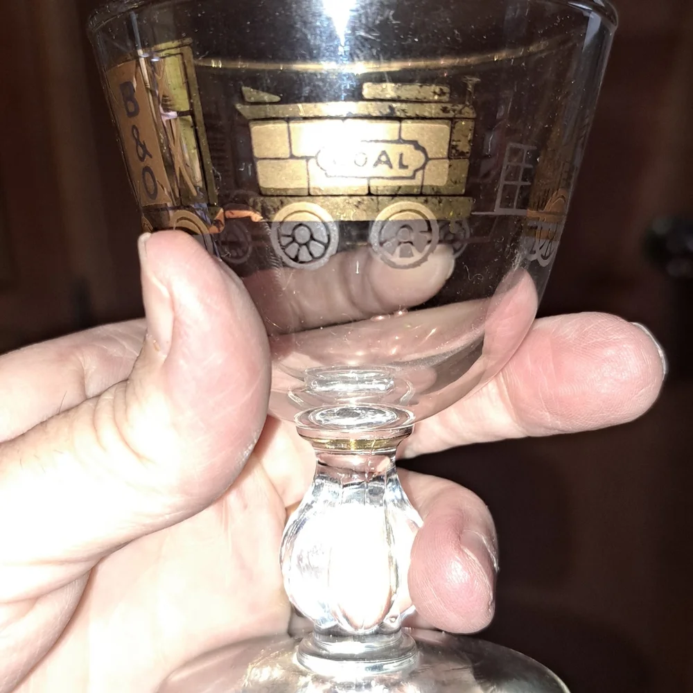 B&O Railroad Steam Engine Train Coal Box Coach Car Gold MCM 6 Wine Glasses